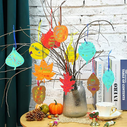 Kasyat 60 Pieces Thanksgiving Scratch Paper Art Set, Fall Scratch Craft Art Colorful Fall Leaves with 60 Pcs Colored Ribbons 10 Pcs Sticks for Kids Autumn DIY Supplies