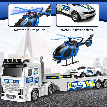 Kids Toys for Ages 3 4 5 6 7 8 Years Old Boys, 25" Large Police Semi Truck with Helicopter & Race Car, Friction Powered Vehicle with Lights & Sounds,Birthday Gift for Boys Girls