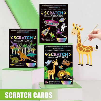 3 Set Magic Scratch Paper Art, Colorful Magic Drawing Art Book with 3 Scratch Pen for Birthday Halloween Christmas Party Games Projects Kits （Dinosaurs/Spaceman/Giraffe）