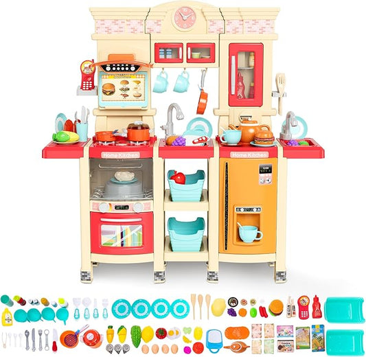[2025 Upgraded] Kitchen for Kids & Toddlers Play Kitchen Set with Tablet Ordering, Music, Lights & Sounds, Steam Stove & Boiling Bubbles, Oven Dings, Faucet & Dishwasher,Easy-Install,Life Skills(Pink)
