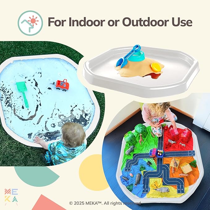 MEKA Tuff Tray with 3 Play Mats, Sensory for Kids Road, Water, Color Themes, Indoor Outdoor Use, Home or Classroom (White, Large 38" x 38")