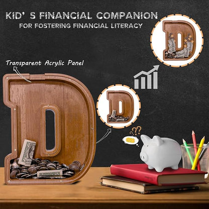 Wooden Letter Piggy Bank for Kids Larger Letter Piggy Bank for Boys and Girls Personalized Piggy Bank Initial Coin Bank Wood Kids Money Bank for Birthday and Festival