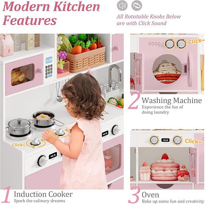 Keyluv Wooden Play Kitchen for Kids and Toddler, Montessori Toy Kitchen Playset with Plenty of Pretend Play Features and Storage Drawers, Gift for Boys and Girls, Pink