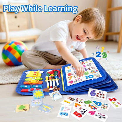 12-Page Toddler Busy Board Montessori Toys, Busy Book for Toddlers, Boy Girl Birthday Gift,Toddler, 24 in 1 Activity Sensory Toys for Motor Skills, Travel Toy for Car Airplane (Blue)