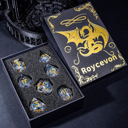 Dragon Pattern Liquid Core DND Dice Set, 7Pcs Sharp Edge D&D Dice with Gift Box, Resin White Dungeons Dragons D and D Role Playing Dice D20 D12 D10 D8 D6 D4