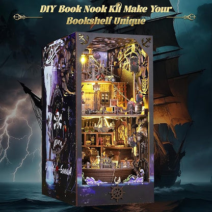 DIY Book Nook Kit Booknooks Bookshelf Insert Decor Miniature House Kits with Sensor Light 3D Puzzles Wooden Dollhouse Arts & Crafts for Adults/Teen Gifts (Aden)