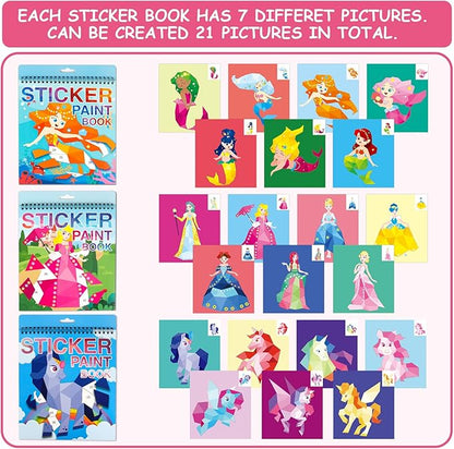 3PCS Paint by Sticker for Kids Ages 4-8, Mermaid Horse Princess Stickers for Kids Designs Sticker by Number, Activity Books Party Birthday Gifts for Boys Girls 4-10 Christmas Gifts