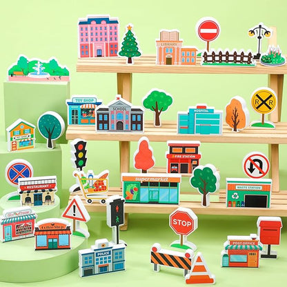 Kathfly 36 Pcs Wooden Community Helpers Community Wooden Toy Preschool Little Professionals Buildings Block Set Multicultural Buildings, Creative Play for Social Learning Educational Model