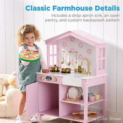 Best Choice Products Pretend Play Wooden Farmhouse Kitchen Set for Kids w/Toy Storage, Clicking Knobs, Windows, 5 Accessories Included - Ocean