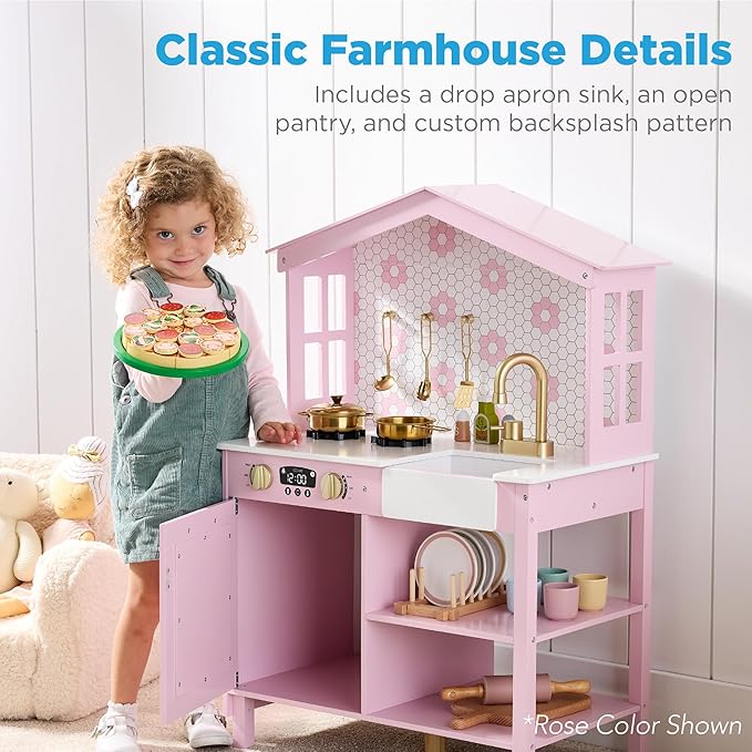 Best Choice Products Pretend Play Wooden Farmhouse Kitchen Set for Kids w/Toy Storage, Clicking Knobs, Windows, 5 Accessories Included - Sage