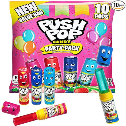 Push Pop Halloween Candy Variety Pack, 10 Ct Lollipops Individually Wrapped in Fruity Flavors, Bulk Individually Wrapped Hard Candy, Birthday Party Favors, Trick or Treat, Halloween Bowls, Kids Gifts