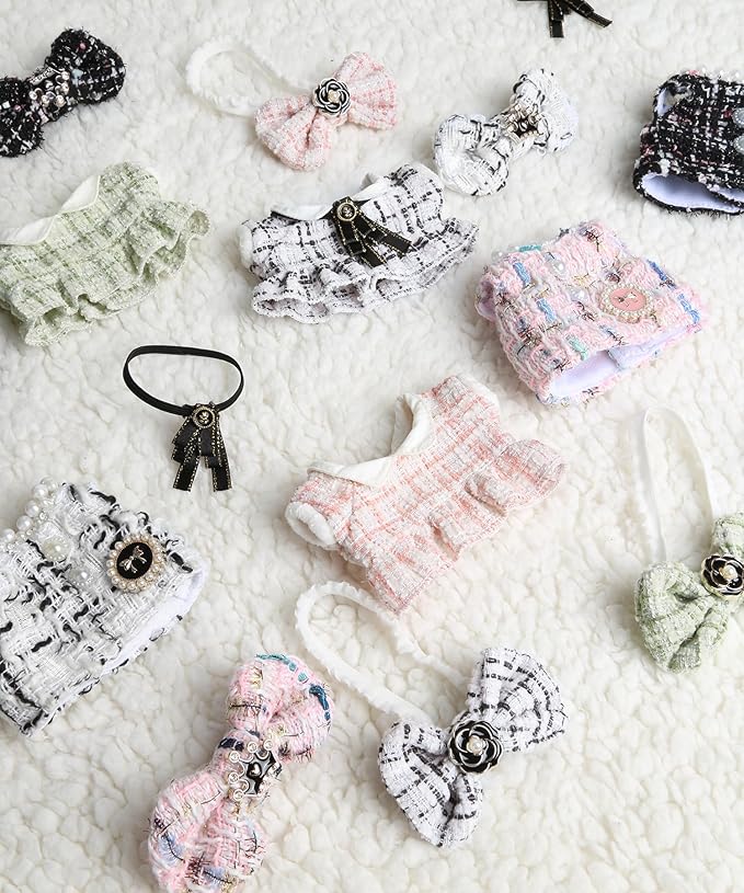 17cm Doll Clothes for Labubu - Luxury Chic Style Set for 17cm Dolls Outfit - Accessories for Dolls Clothes -Pink Plaid Tweed Dress + Black Necktie + Pink Bow (No Doll)