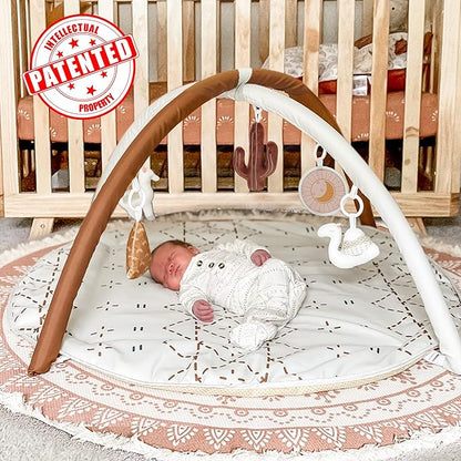 Tummy Time Activity Mat, Macrame Baby Play Gym Mat with 6 Detachable Toys and 12 Milestone Cards for Stage-Based Sensory and Motor Skill Development, Washable Play Mats for Infant, Non Slip Play Mat