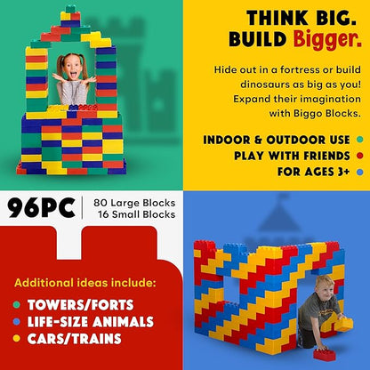 BiggoBlocks Big Blocks for Kids Ages 4-8, Indoor & Outdoor Blocks for Kids Jumbo Games, Large Building Blocks (96 PC) Standard Set