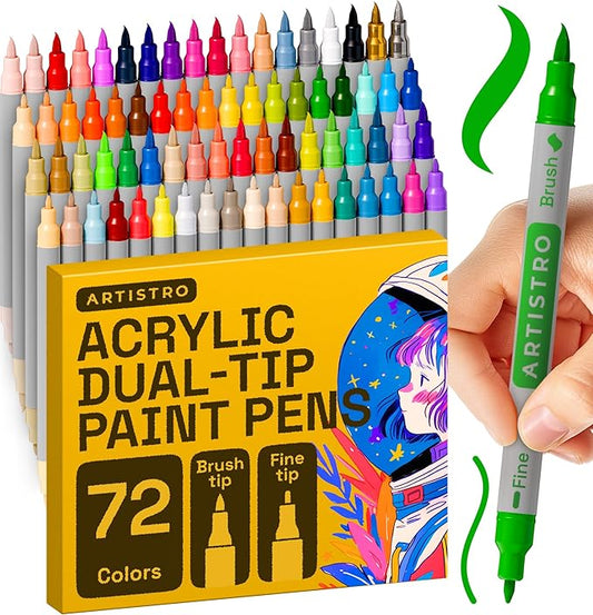 ARTISTRO 72 Dual Tip Brush + Fine Acrylic Paint Pens Ideal for Calligraphy - Paint Markers for Fabric, Rock, Glass, DIY - Stocking Stuffers, Christmas Gift Idea for Teens, Grandkids, Kids