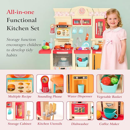 【2025 Upgraded】 Kitchen for Kids Interactive Play Kitchen for Kids Toddlers-Lightweight Easy-Install Pretend Kitchen with Tablet Ordering, Music, Lights Sounds, Steam Stove, Sink & Dishwasher(Pink)