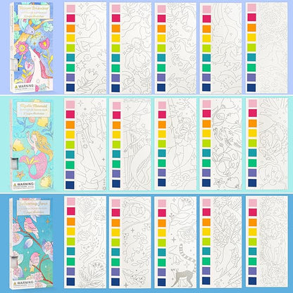 Watercolor Painting Coloring Books Pocket Watercolor Paint Bookmarks, Mess Free Paint with Water Set, Travel Activities Art Party Favors Exchange Birthday Gifts for Kids (3in1)
