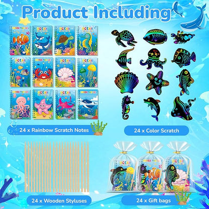 24 Pack Under the Sea Scratch Art Party Favors for Kids - Rainbow Scratch Paper with Ocean Animals Scratch Off Cards Easter Birthday Goodie Bags Stuffers - Return Gifts DIY Classroom Prizes