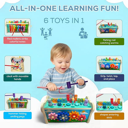 Montessori Wooden Hammering Toy – 6-in-1 Xylophone, Pound Bench, Shape Sorter & Learning Tool for Toddlers | Educational Musical Toy for Boys & Girls Ages 1–5 | Develops Motor Skills & Sensory Play