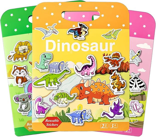 3 Pack Reusable Sticker Books for Kids, Waterproof Puffy Stickers - Match the Shape and DIY Scene, Toddler Travel Essential Quiet Time Activities Toys - Dinosaur, Animal and Insect (2-6 Age)