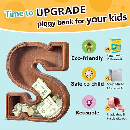 Summidate Customized Name Extra Large Wooden Piggy Bank for Kids Boys Girls Letter A-Z Coins Bills Money Change Bank Box Initial on Clear Cover (Laser Engraved) Educational Toys 12"- Letter S