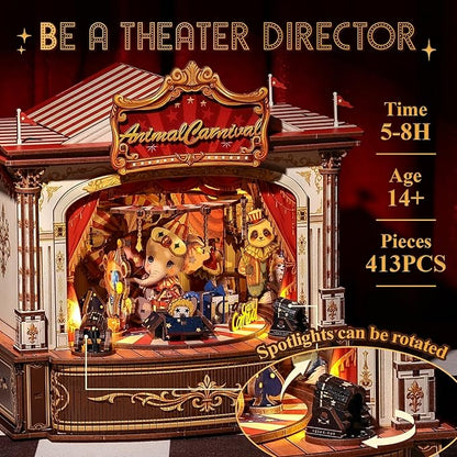 CUTEBEE 3D Puzzles Wooden Theater for Adults - DIY Music Box Rotating Miniature House Kit Model Building Set with LED Light, Home Bookshelf Decor, Unique Birthday Gifts (Animal Carnival)