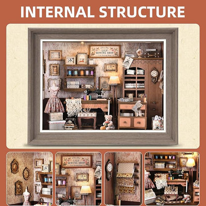 Book Nook Kit - 3D Wooden Puzzle with LED Switch Control & Wall-Mountable Frame，DIY Miniature House for Beginners，Bookshelf/Tabletop/Wall Decor for Craft Lovers，Dollhouse Gift (Lily Sewing Shop)