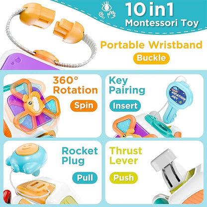 iPlay, iLearn 10 in 1 Baby Busy Board Cube, Montessori Sensory Toy Toddler 1-3, Infant Carseat Plane Travel, Kid Education Learning Activity, Birthday Gift 6 9 10 12 18 Month 1 2 Year Old Boy Girl
