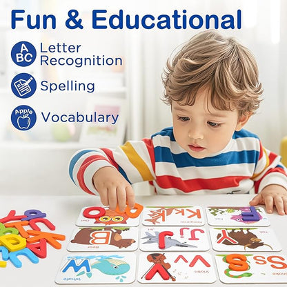 BenBen Alphabet Flash Cards, 52 Upper and Lowercase Wooden Letters, 26 Flashcards, Montessori ABC Learning Toys for Kids Ages 3-5, Preschool Learning Activities, Matching Game Puzzles