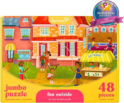 Upbounders® Fun Outside 48-Piece Puzzle for Kids Ages 4 5 6 7 8 | Jumbo Jigsaw Puzzle with Large Pieces & Storage Box | Preschool Puzzle Featuring Black Brown Children at Play