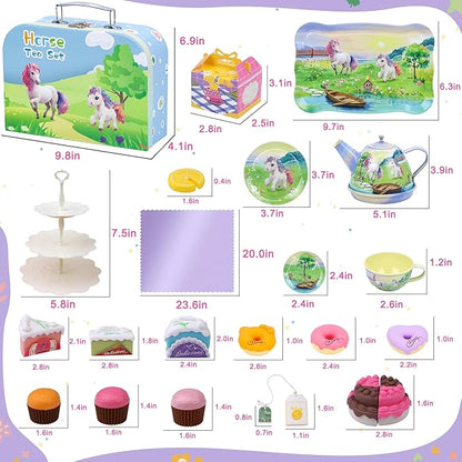 Tea Party Set for Little Girls,50PCS Princess Horse Tea Time Toy Including Food Sweet Treats Playsets,Teapot Tray Cake,Tablecloth & Carrying Case,Kids Kitchen Pretend Play for Girls Boys Age 3 4 5 6