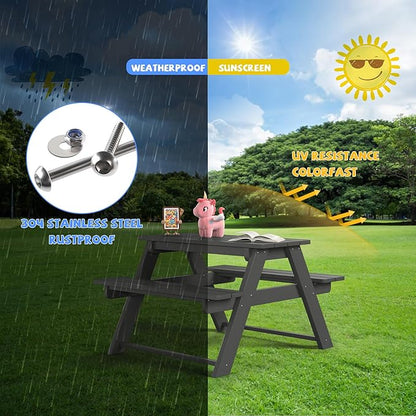 Costaelm Kids Picnic Table, HDPE All Weather Outdoor Toddler Picnic Table and Chair Set Kids Bench for Patio, Backyard, Garden, Lawn, Gray