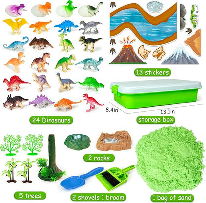 Dinosaur Sensory Bin Toys, 49 Pcs Dinosaur Sandbox Sands Kit with 2.2lb Magic Sand & Dinsoaur Figures,Sandbox with lid, Play Sand Kit, Kid Sensory Bins Birthday Gift for 3 4 5 6 7 8 Years Old
