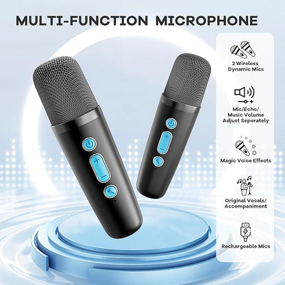 Mini Karaoke Machine with 2 Wireless Microphones, TOP Kids Gifts for Girls Ages 3, 4, 5, 6, 7, 8, 9,10,11,12 +Year Old, 4-12 Years Old Birthday Toy Gift for Girls Boys Party (Black Blue)