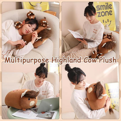 SQEQE Highland Cows Stuffed Animals 5 in 1, Cute Fluffy Cow Plush with 4 Babies in Tummy, Soft Highland Cattle Kid Bedtime for Christmas Valentine's Birthday Gifts, Plushies Decor for Boys Girls
