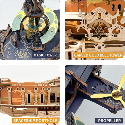 DIY 3D Wooden Puzzle Whale Spaceship,Miniature Wooden Dollhouse Model for Adults to Build,Gifts for Family Friends - Whale Ark of The Universe (Starlight Blue)