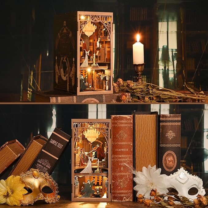 Book Nook Kit, DIY Miniature Dollhouse Booknook Kit, 3D Wooden Puzzle Bookend Bookshelf Insert with LED Light for Teens and Adults (Phantom of The Opera)