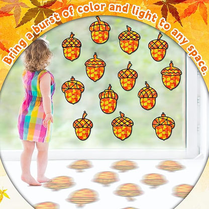 32 Sets Pine Cones Suncatchers Craft Kit DIY Window Stained Glass Effect Fall Autumn Pine Cones Paper Craft Home School Classroom Decoration Kid Birthday Gift Creative Art Project Activity Game