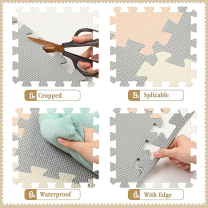 Nuanchu 60 Pcs Kids Foam Puzzle Floor Mat Bulk Solid Color Foam Play Mat with Borders Interlocking Multi Use Floor Rug for Baby Toddler Children Crawling Exercise Playroom 12 inch (White, Cream, Gray)