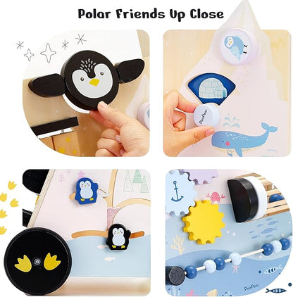 PairPear Polar Explorer Wooden Baby Walker, Montessori 9-in-1 Activity Push Walker Activity Center Toys with Adjustable Speed & Height, Penguin Mirror, Shape Sorter Learning Toys Gift for Toddler 1-3
