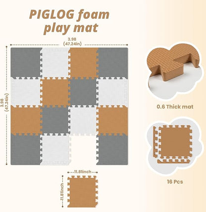16 Tiles Baby Play Mat for Floor, EVA Foam Baby Floor Play Mat with 0.6 Inch Thick Interlocking Foam Tiles, Foam Floor Tiles for Baby, Toddlers and Kids