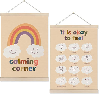 Koesus Calming Corner Posters for Kids, Emotional Chart Wall Art Poster Hanger Frame 12x16 Inch Set of 2, Boho Mental Health Canvas Pictures Prints Framed Wall Decor for Classroom