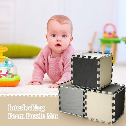 Nuanchu 60 Pcs Kids Foam Puzzle Floor Mat Bulk Solid Color Foam Play Mat with Borders Interlocking Multi Use Floor Rug for Baby Toddler Children Crawling Exercise Playroom 12 inch (Black, White, Gray)
