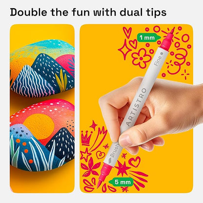 ARTISTRO 36 Dual Tip Brush + Fine Acrylic Paint Pens Ideal for Calligraphy - Paint Markers for Fabric, Rock, Glass, DIY - Stocking Stuffers, Christmas Gift Idea for Teens, Grandkids, Kids