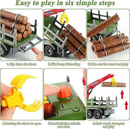 Mostop Logging Truck Kids Toy for 3 4 5 6 7 8 Year Old Boys, 15’’ Farm Logging Truck with Crane and 6 Trunks, Lights, Sounds, Friction Powered Timber Transport Log Tow Truck Toy Birthday Gift