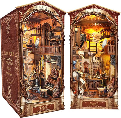 Book Nook Kit, DIY Dollhouse Booknook Bookshelf Insert Decor Alley, DIY Book Nook Miniature Kit with Lights, 3D Wooden Puzzle Decorative Bookend Miniature Model Kits for Adults