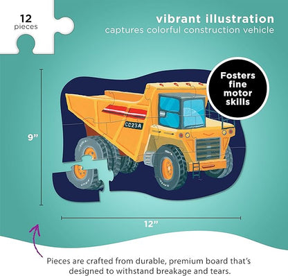 Crocodile Creek 12-Piece Mini Jigsaw Puzzle - Fun Floor Puzzles for Kids Ages 2-4 and Up - Heavy-Duty Shaped Box for Storage - Construction Zone with Dump Truck - 12" x 9" Finished
