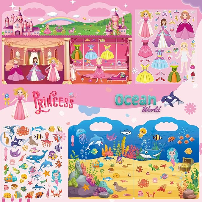 2 Set Reusable Sticker Books for Toddlers 2-4 Years, Puffy Reusable Sticker Activity Book for Kids Toddlers 1-3 Girls Boys Birthday Gifts Include Princess&Ocean