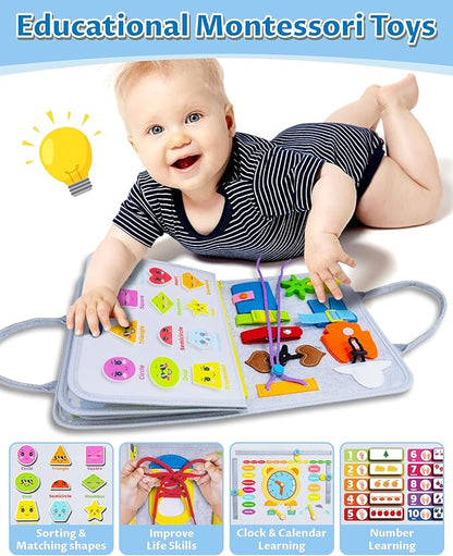 Exorany Busy Board Montessori Toys for Toddler Boy & Girl Birthday Gifts, Busy Book Learning Sensory Toys for Toddlers, Toddler Travel Toy Educational Activities Learn Fine Motor Skills
