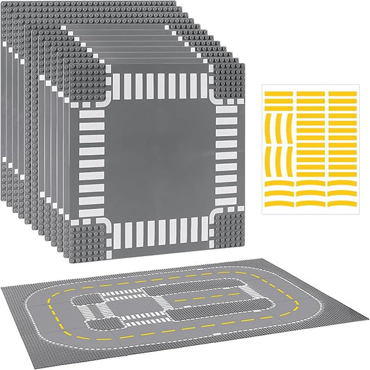 12 Pack Road Base Plates for Building, Compatible with Lego Classic Bricks, 10” x 10” Baseplates Fits for Lego Roads, Road Base Plates for City Sets (Attached DIY Stickers)